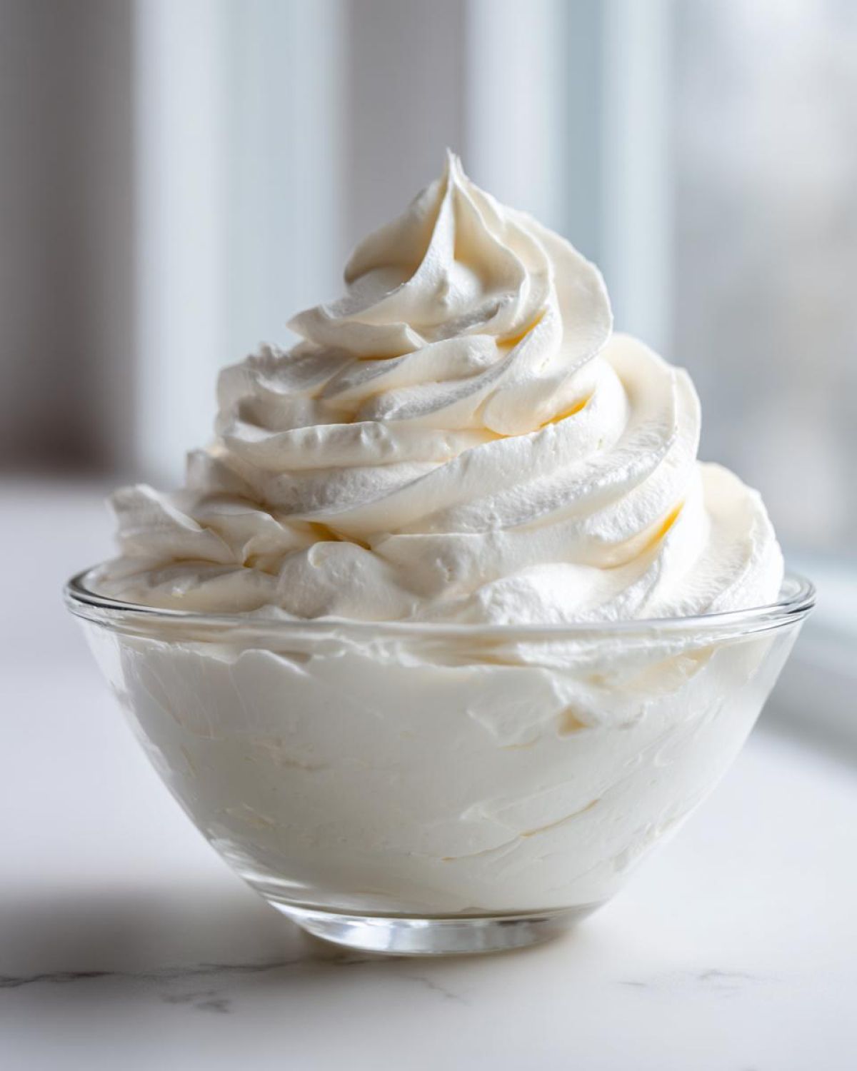 A clear glass bowl filled with perfectly piped, fluffy white cream cheese frosting against a bright, blurred background.