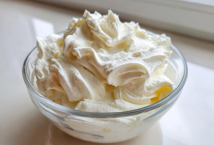 A clear glass bowl filled with freshly whipped, fluffy cream cheese frosting, showing soft peaks.
