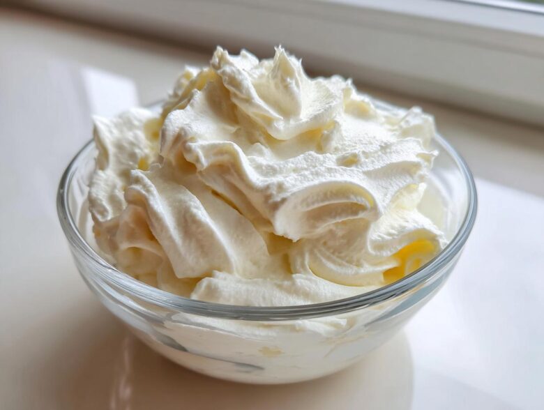 A clear glass bowl filled with freshly whipped, fluffy cream cheese frosting, showing soft peaks.