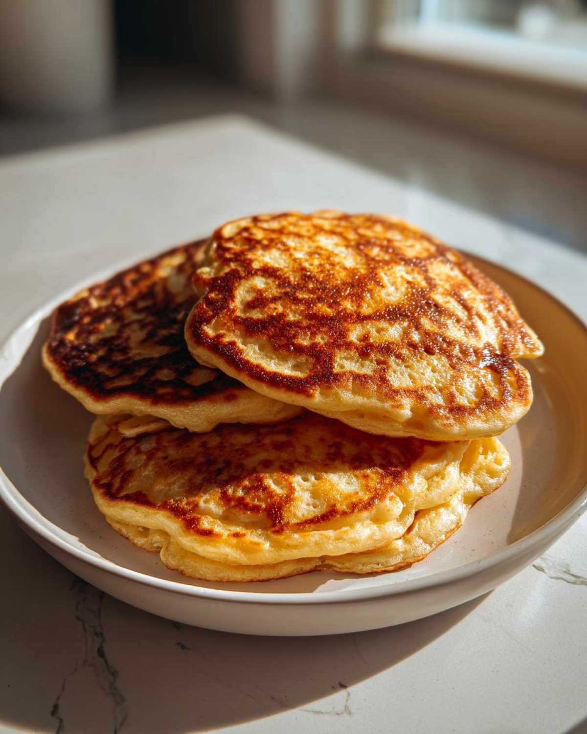 A stack of three golden-brown, fluffy greek yogurt pancakes served on a light-colored plate.