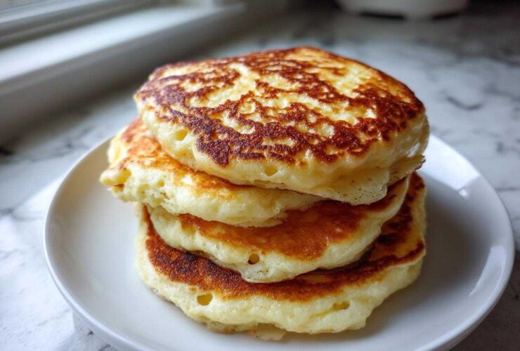 A stack of three fluffy greek yogurt pancakes with golden brown edges on a white plate.
