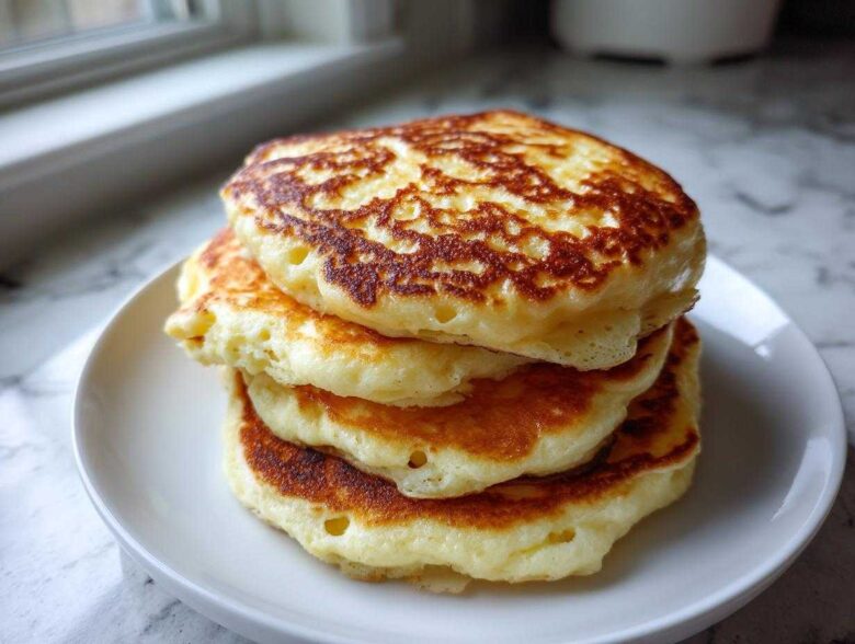 A stack of three fluffy greek yogurt pancakes with golden brown edges on a white plate.