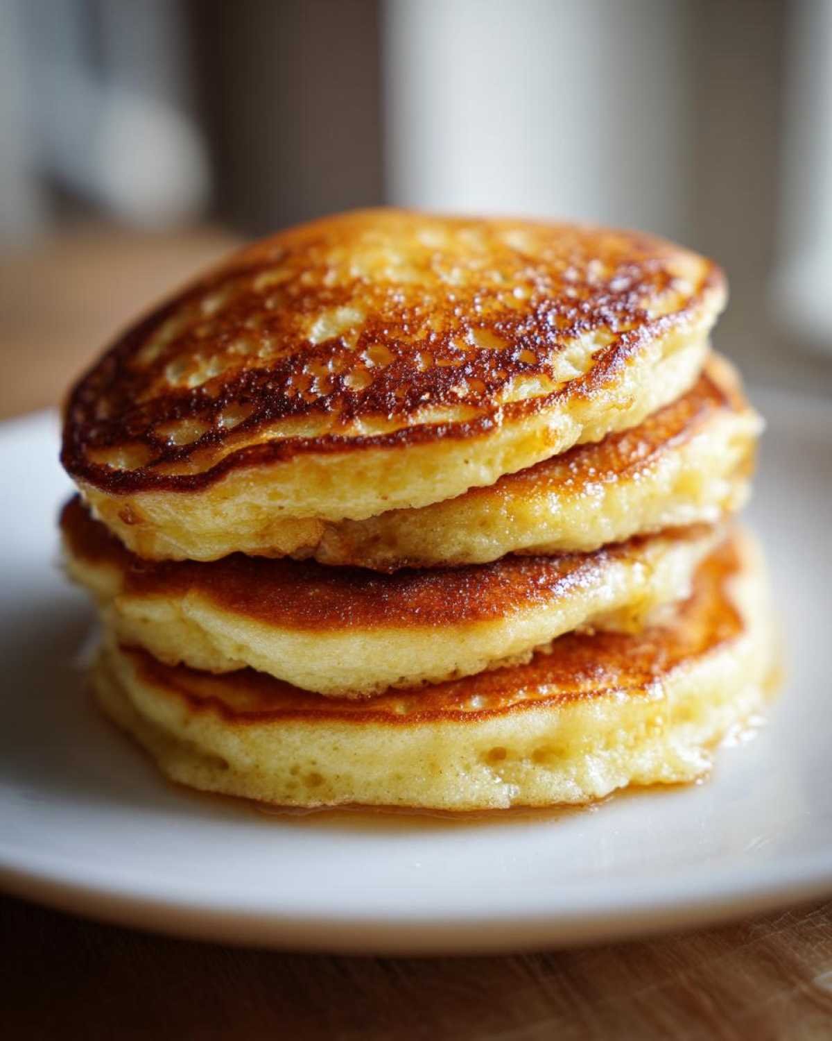 Close-up of a stack of four perfectly cooked, golden brown fluffy pancakes drizzled with syrup.
