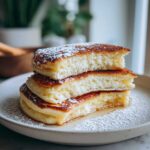 Close-up of a stack of three thick, fluffy sourdough pancakes dusted with powdered sugar.
