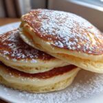A close-up stack of three thick, fluffy sourdough pancakes dusted generously with powdered sugar.
