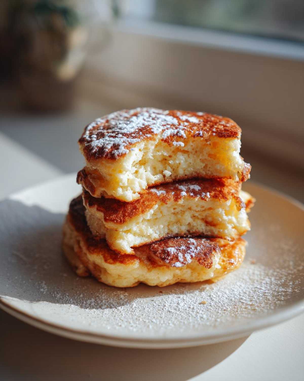 A close-up stack of three thick, fluffy sourdough pancakes dusted with powdered sugar, with a bite taken out of the top one.