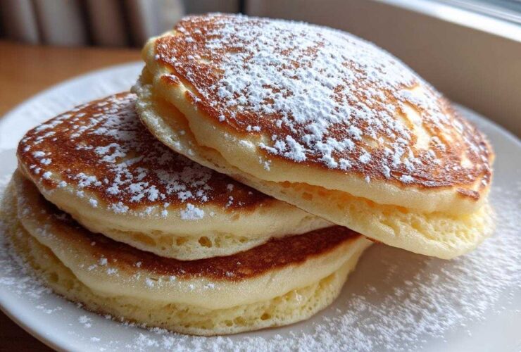 A close-up stack of three thick, fluffy sourdough pancakes dusted generously with powdered sugar.
