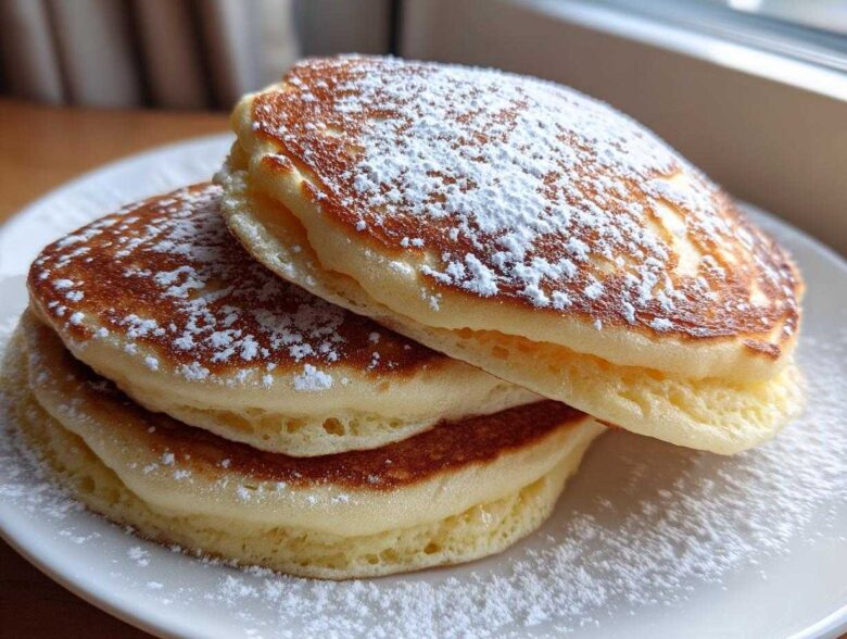 A close-up stack of three thick, fluffy sourdough pancakes dusted generously with powdered sugar.