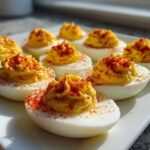 A close-up of several creamy, piped deviled eggs sprinkled generously with bright red paprika.
