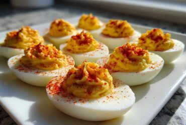 A close-up of several creamy, piped deviled eggs sprinkled generously with bright red paprika.