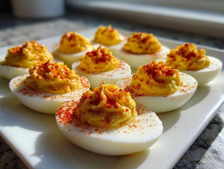 A close-up of several creamy, piped deviled eggs sprinkled generously with bright red paprika.