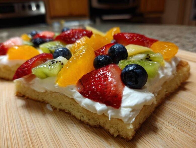 Close-up of a slice of fruit pizza sugar cookie topped with cream cheese frosting and fresh strawberries, blueberries, kiwi, and orange segments.