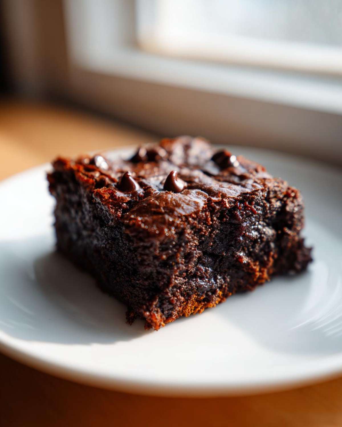 Close-up of a fudgy, dark chocolate sweet potato brownies square topped with chocolate chips on a white plate.