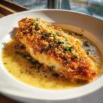 Close-up of a crispy, breaded Garlic Parmesan chicken bake submerged in a rich, buttery sauce and topped with fresh parsley.
