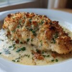 A close-up of a perfectly baked Garlic parmesan chicken bake with a crispy golden crust sitting in a pool of creamy sauce.