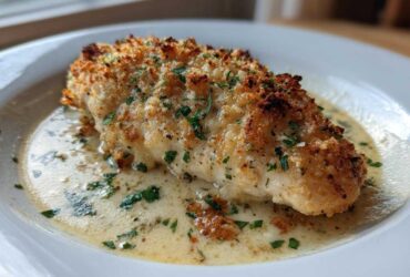 A close-up of a perfectly baked Garlic parmesan chicken bake with a crispy golden crust sitting in a pool of creamy sauce.