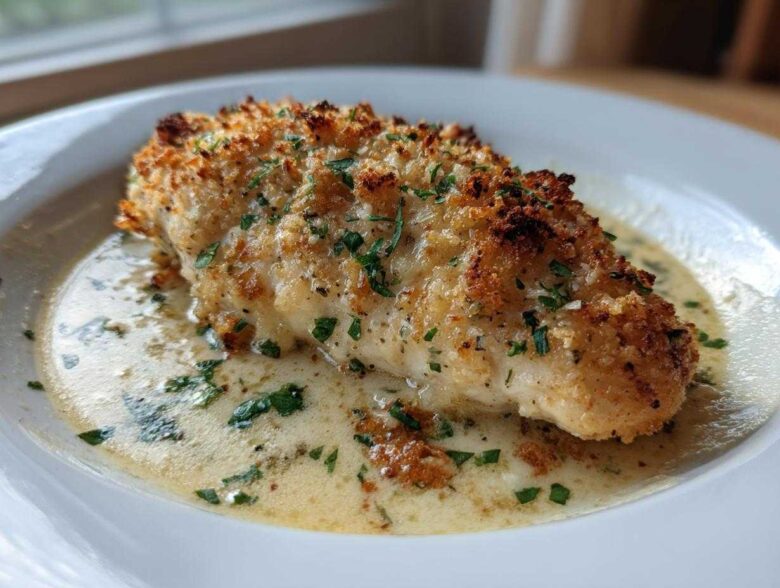 A close-up of a perfectly baked Garlic parmesan chicken bake with a crispy golden crust sitting in a pool of creamy sauce.