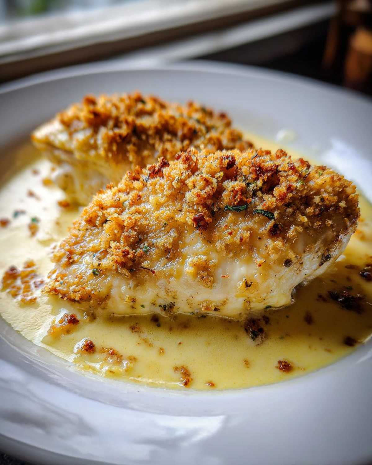Two pieces of Garlic Parmesan Chicken Bake topped with golden breadcrumbs, resting in a creamy yellow sauce on a white plate.