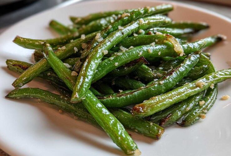 Close-up of bright green beans tossed with minced garlic and Parmesan cheese, ready to eat.