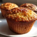 Close-up of three golden brown honey bran muffins on a white plate, glistening with a honey glaze.