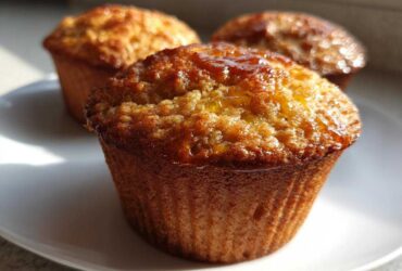 Close-up of three golden brown honey bran muffins on a white plate, glistening with a honey glaze.