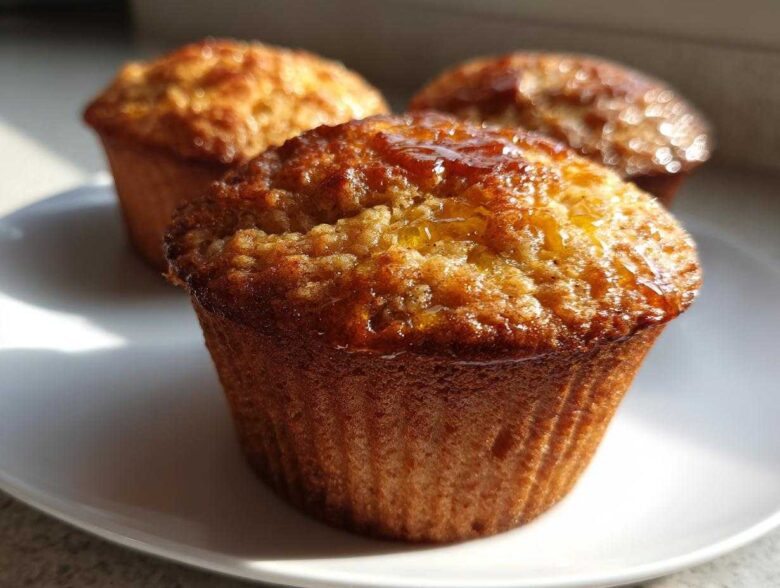 Close-up of three golden brown honey bran muffins on a white plate, glistening with a honey glaze.