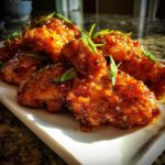 Close-up of crispy, glazed pieces of orange chicken recipe garnished with sliced green onions and sesame seeds.