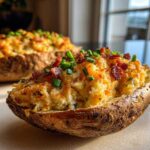 Close-up of a glorious twice baked potato stuffed with cheesy filling, bacon bits, and fresh chives.