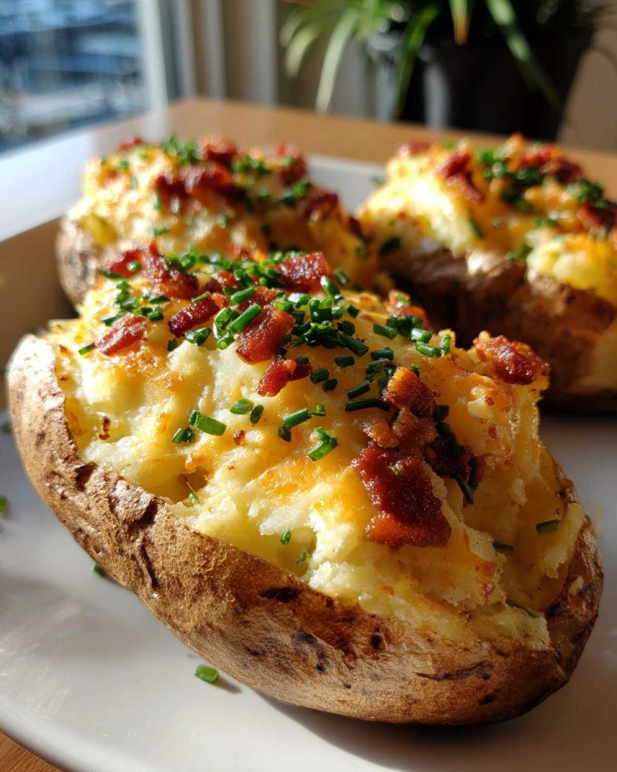 Close-up of a perfectly prepared twice baked potato topped with melted cheese, crispy bacon bits, and fresh chives.