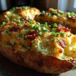 Close-up of a glorious twice baked potato stuffed with creamy filling, topped with crispy bacon bits and fresh green chives.