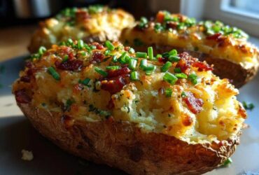 Close-up of a glorious twice baked potato stuffed with creamy filling, topped with crispy bacon bits and fresh green chives.