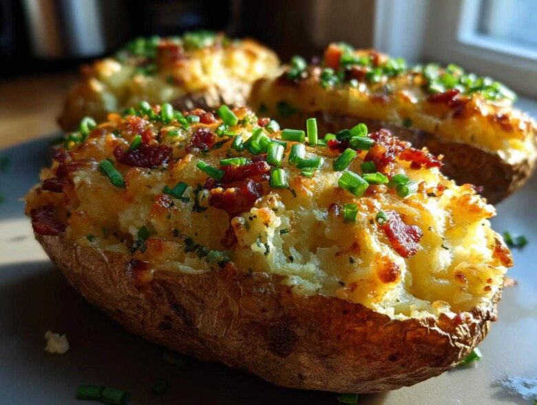 Close-up of a glorious twice baked potato stuffed with creamy filling, topped with crispy bacon bits and fresh green chives.