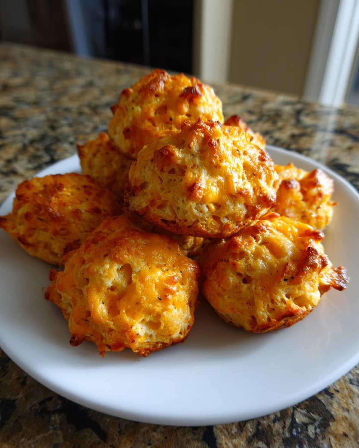 A stack of freshly baked, golden brown cream cheese sausage balls piled on a white plate.