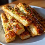 A close-up of golden brown, cheesy garlic breadsticks topped with fresh parsley, ready to eat.