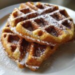 Close-up of two golden brown high protein waffles dusted generously with white powdered sugar on a white plate.