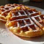 Two golden-brown high protein waffles dusted generously with powdered sugar, resting on a white plate.