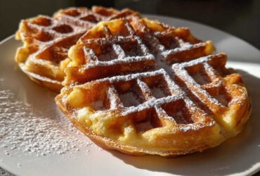 Two golden-brown high protein waffles dusted generously with powdered sugar, resting on a white plate.