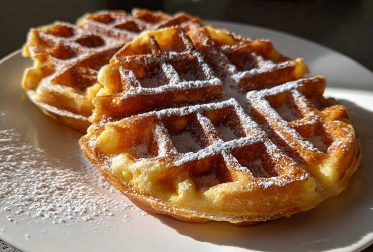 Two golden-brown high protein waffles dusted generously with powdered sugar, resting on a white plate.