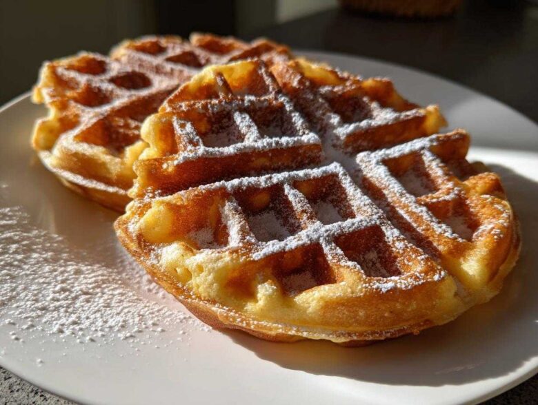 Two golden-brown high protein waffles dusted generously with powdered sugar, resting on a white plate.