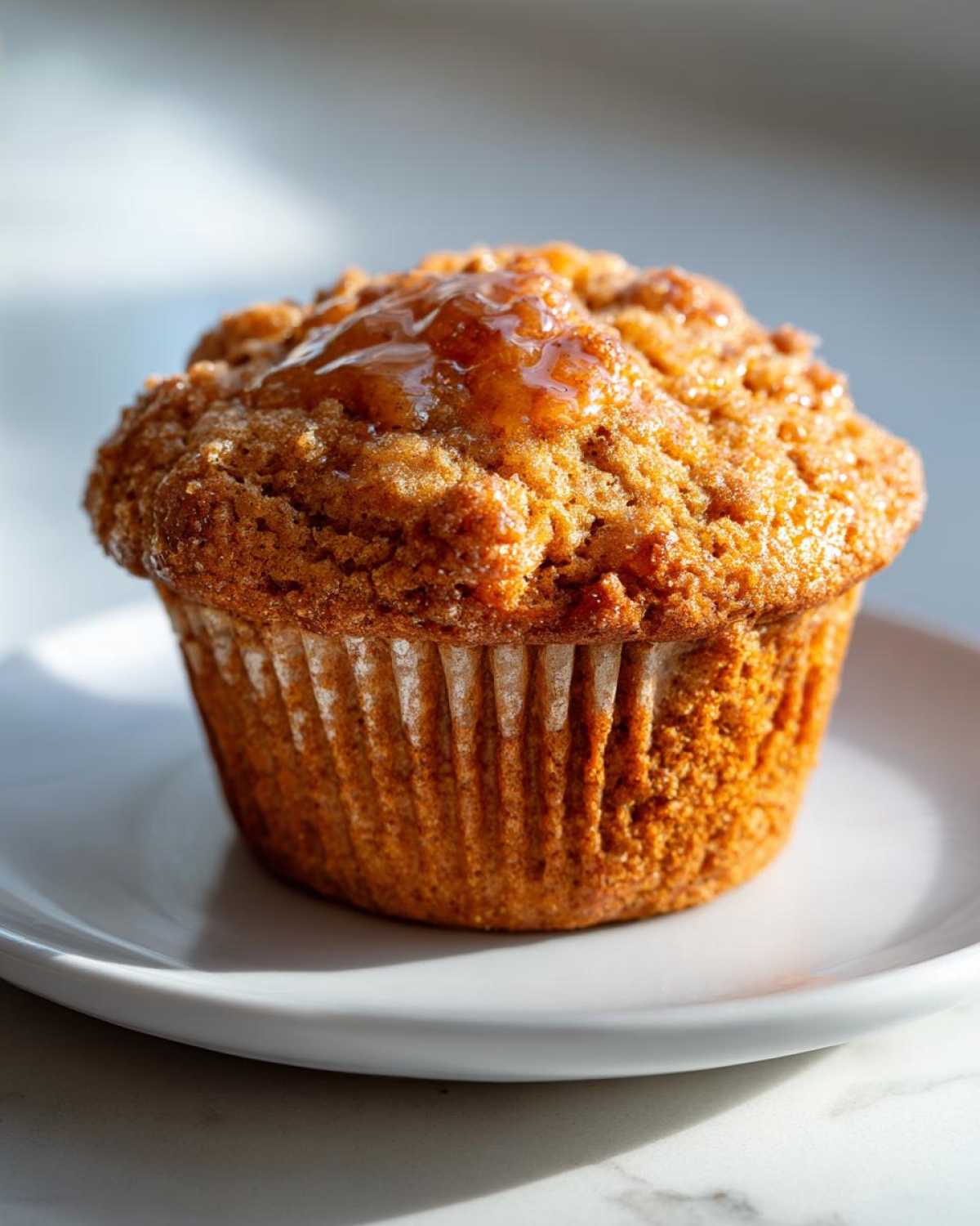 A single, golden brown honey bran muffin topped with a shiny honey glaze, sitting on a white plate.