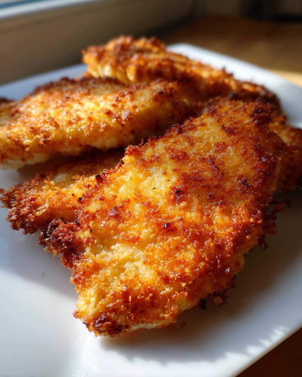 Close-up of several golden brown, crispy pieces of parmesan crusted chicken served on a white plate.
