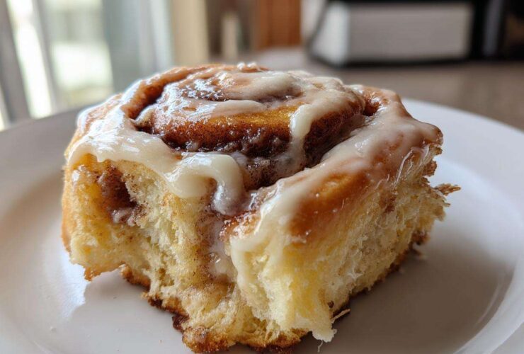 A single, soft, freshly baked cinnamon roll topped generously with white icing, resting on a white plate.