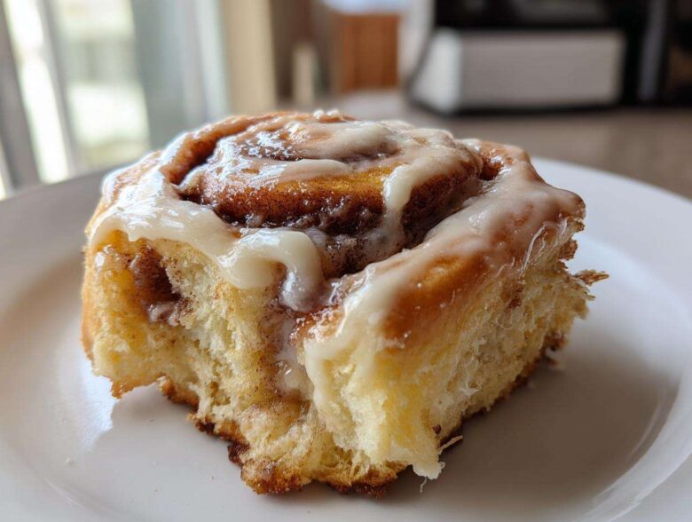 A single, soft, freshly baked cinnamon roll topped generously with white icing, resting on a white plate.