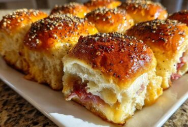 Close-up of freshly baked Ham and Cheese Sliders with melted cheese and everything bagel seasoning.