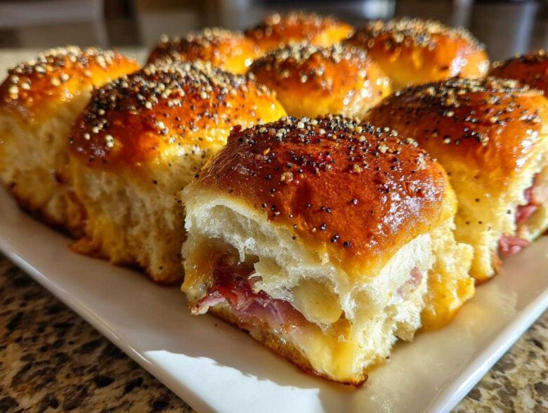Close-up of freshly baked Ham and Cheese Sliders with melted cheese and everything bagel seasoning.