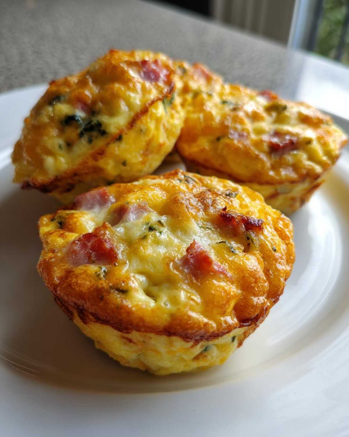 Three golden-brown Egg Muffin Cups filled with ham and cheese served on a white plate.