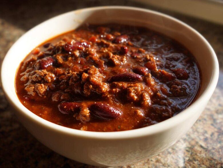 Close-up of a steaming bowl of rich, meaty crockpot chili filled with kidney beans.