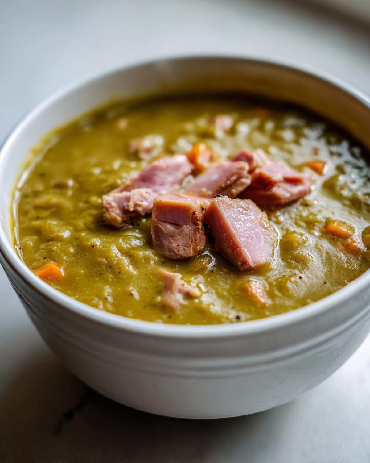 Close-up of a thick, green pea soup served in a white bowl, topped with chunks of pink ham and visible pieces of carrot.