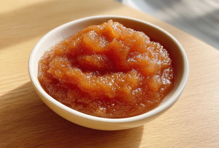 Close-up of chunky, caramelized homemade applesauce served in a small white bowl on a wooden surface.