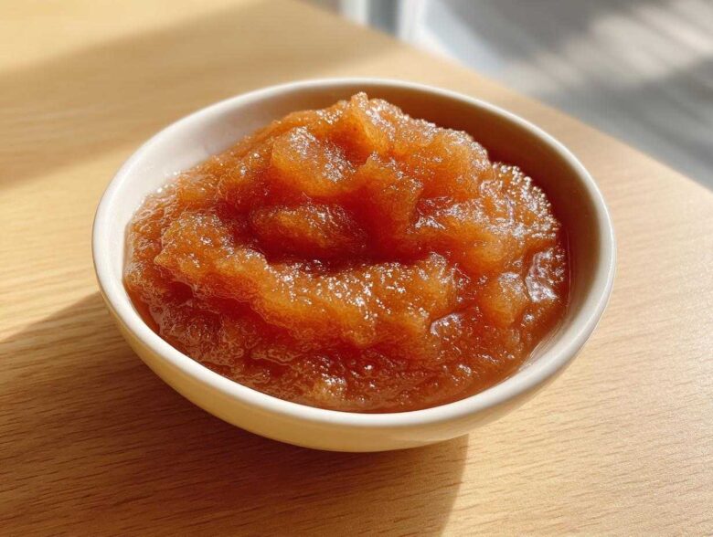 Close-up of chunky, caramelized homemade applesauce served in a small white bowl on a wooden surface.